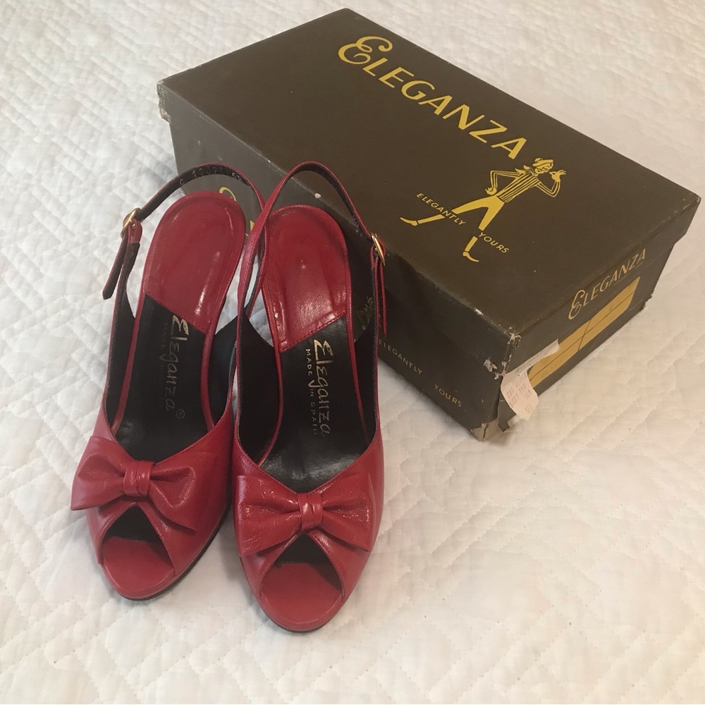 Eleganza Red Leather Sling Back Peep Toe Bows Heels Size 5 1/2 M